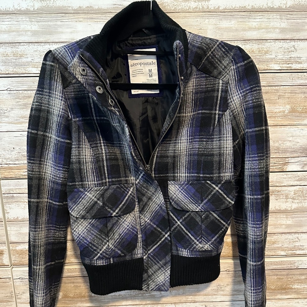 💜 Aeropostale Plaid Bomber Jacket Medium Purple Black Gray Y2K Preppy